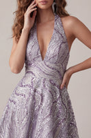 Load image into Gallery viewer, Sparkly Halter A-Line Lilac Short Sequin Cocktail Dress