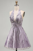 Load image into Gallery viewer, Sparkly Halter A-Line Lilac Short Sequin Cocktail Dress