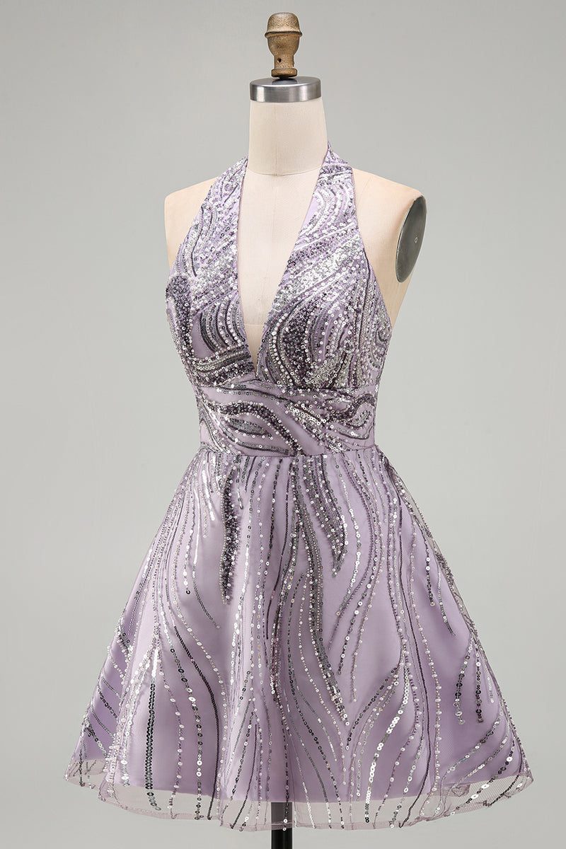 Load image into Gallery viewer, Sparkly Halter A-Line Lilac Short Sequin Cocktail Dress