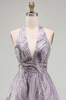 Load image into Gallery viewer, Sparkly Halter A-Line Lilac Short Sequin Cocktail Dress