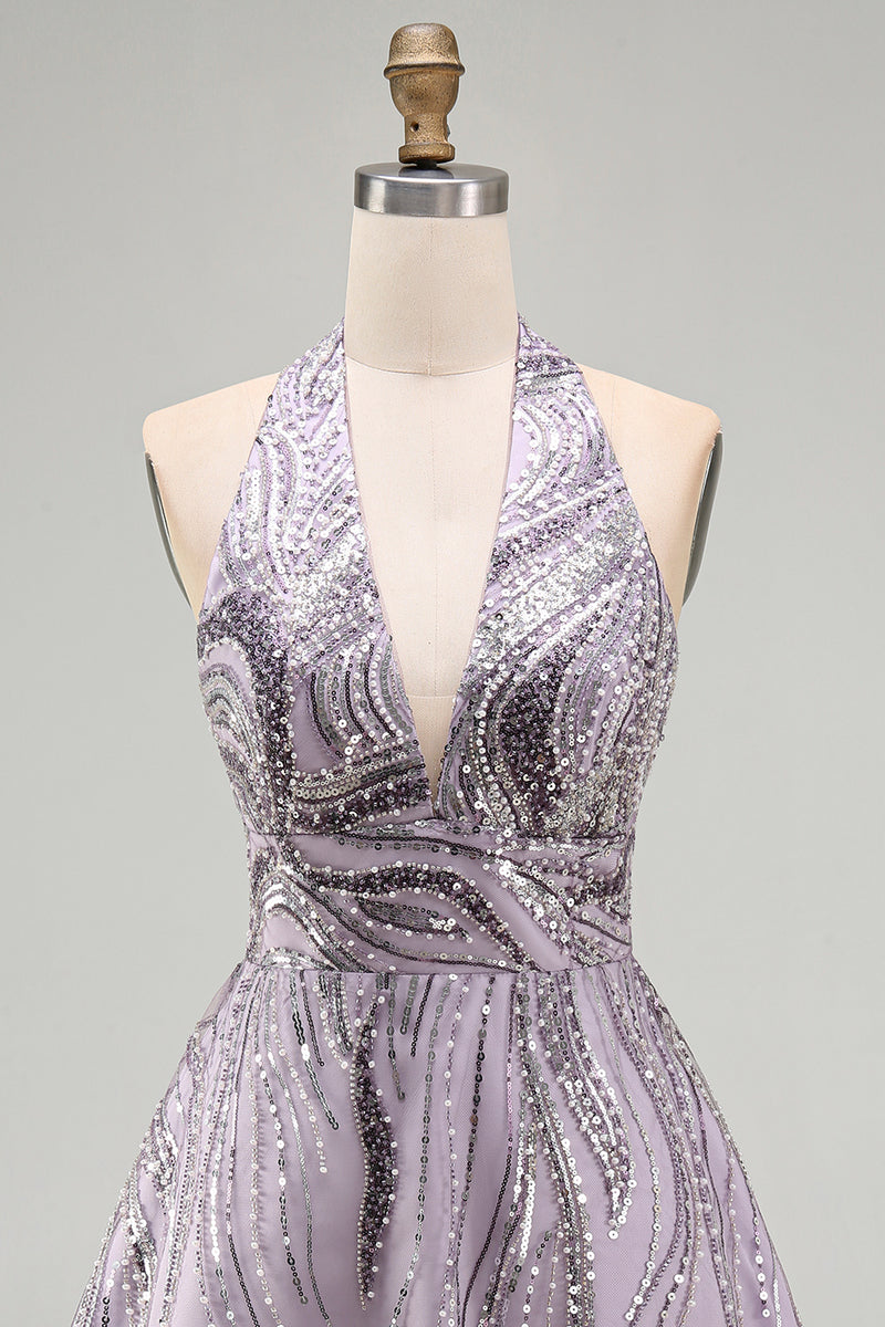 Load image into Gallery viewer, Sparkly Halter A-Line Lilac Short Sequin Cocktail Dress