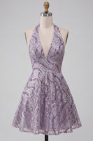 Load image into Gallery viewer, Sparkly Halter A-Line Lilac Short Sequin Cocktail Dress