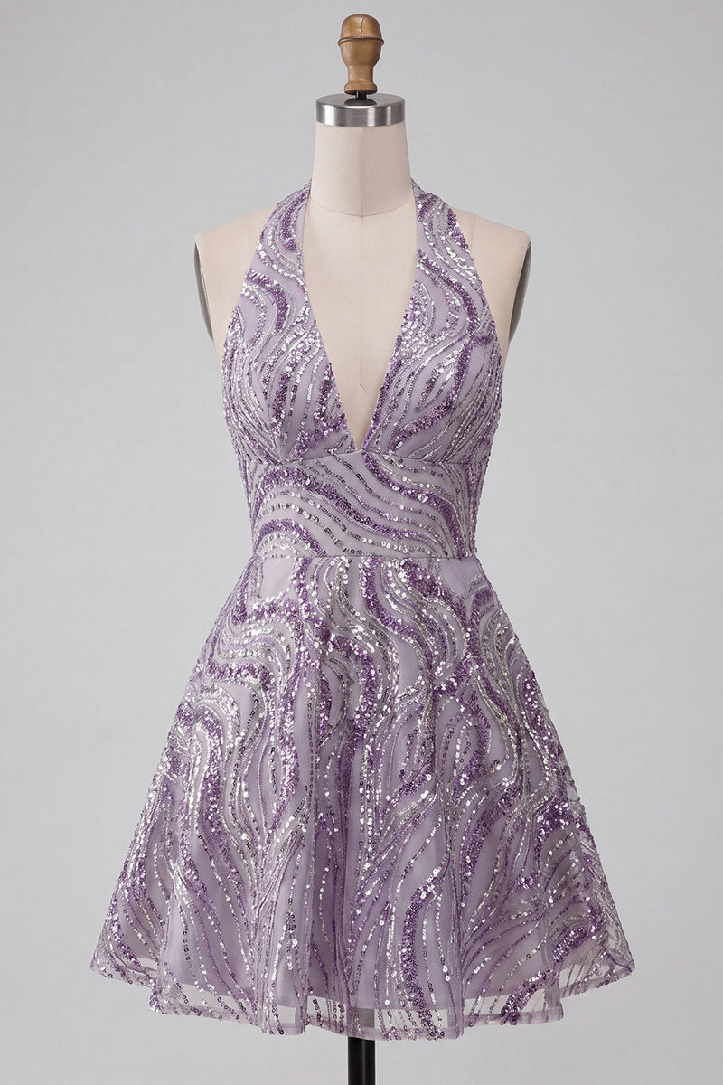Load image into Gallery viewer, Sparkly Halter A-Line Lilac Short Sequin Cocktail Dress