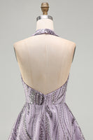 Load image into Gallery viewer, Sparkly Halter A-Line Lilac Short Sequin Cocktail Dress