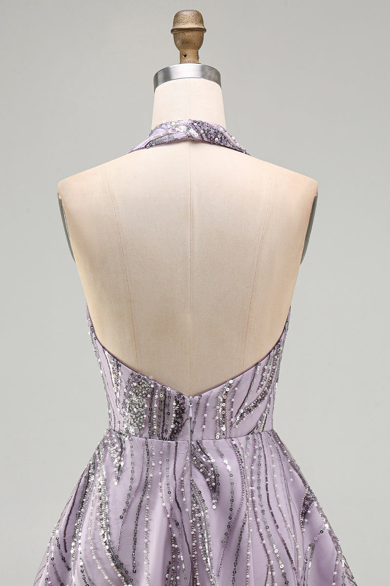 Load image into Gallery viewer, Sparkly Halter A-Line Lilac Short Sequin Cocktail Dress