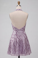 Load image into Gallery viewer, Sparkly Halter A-Line Lilac Short Sequin Cocktail Dress