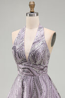 Load image into Gallery viewer, Sparkly Halter A-Line Lilac Short Sequin Cocktail Dress