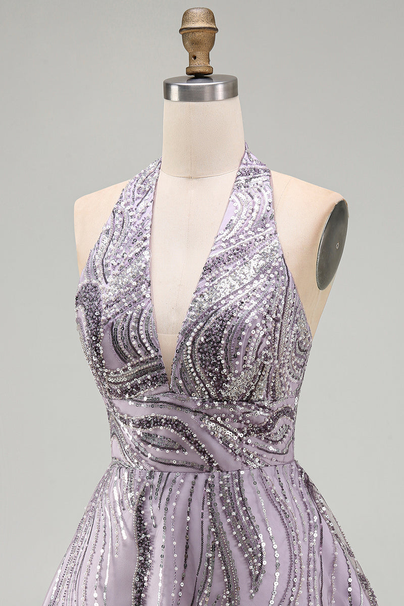 Load image into Gallery viewer, Sparkly Halter A-Line Lilac Short Sequin Cocktail Dress