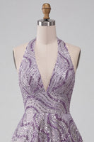 Load image into Gallery viewer, Sparkly Halter A-Line Lilac Short Sequin Cocktail Dress