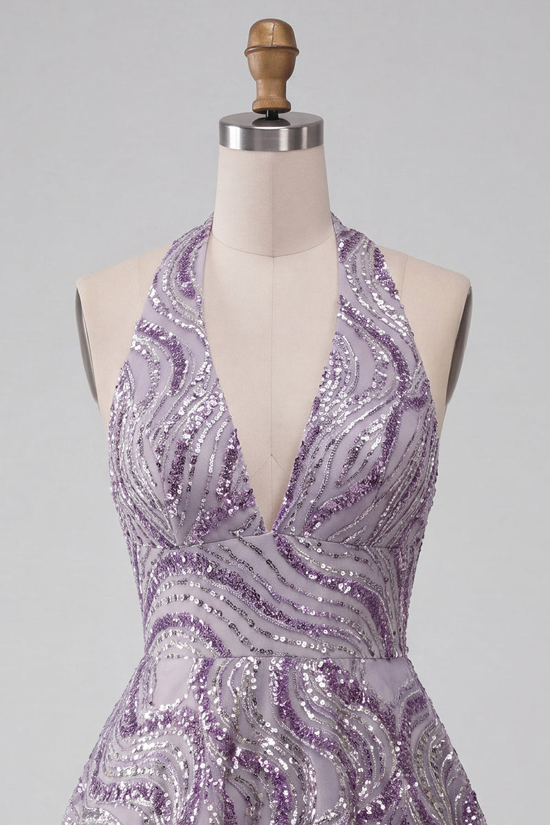Load image into Gallery viewer, Sparkly Halter A-Line Lilac Short Sequin Cocktail Dress