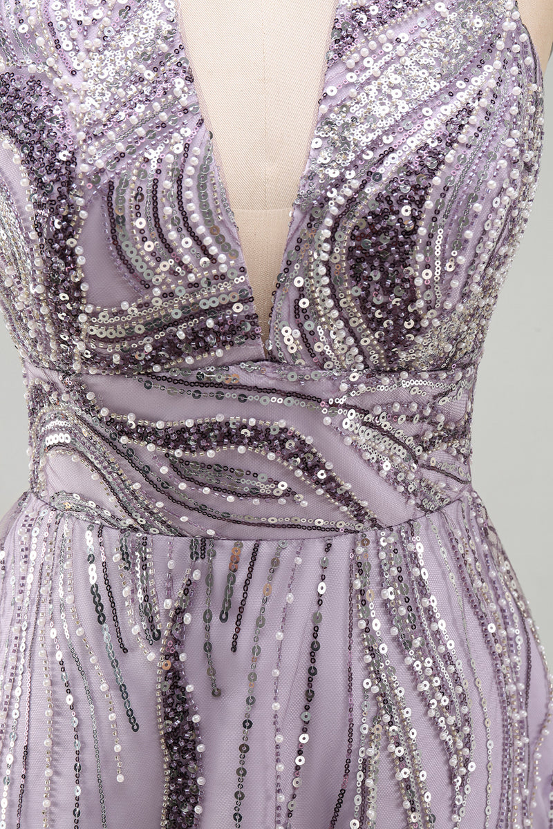 Load image into Gallery viewer, Sparkly Halter A-Line Lilac Short Sequin Cocktail Dress