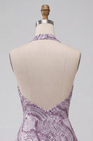 Load image into Gallery viewer, Sparkly Halter A-Line Lilac Short Sequin Cocktail Dress
