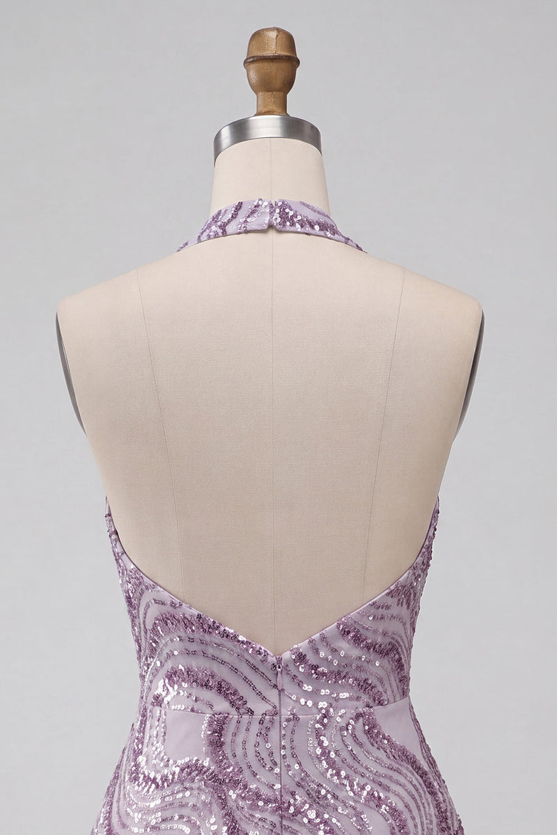 Load image into Gallery viewer, Sparkly Halter A-Line Lilac Short Sequin Cocktail Dress