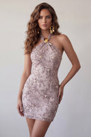 Load image into Gallery viewer, Floral Fog Sparkly Halter Tight Short Beaded Cocktail Dress