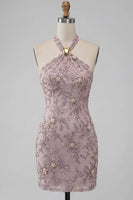 Load image into Gallery viewer, Floral Fog Sparkly Halter Tight Short Beaded Cocktail Dress