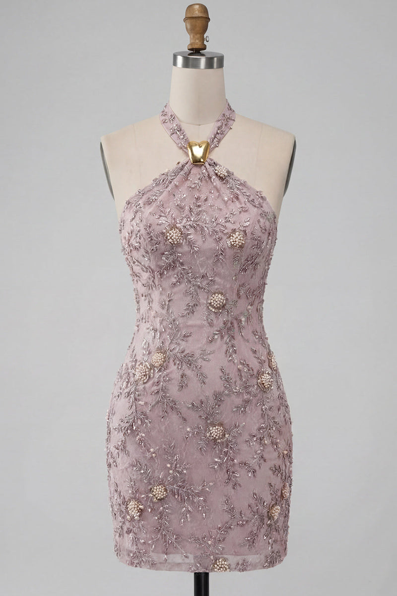 Load image into Gallery viewer, Floral Fog Sparkly Halter Tight Short Beaded Cocktail Dress