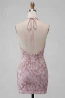 Load image into Gallery viewer, Floral Fog Sparkly Halter Tight Short Beaded Cocktail Dress