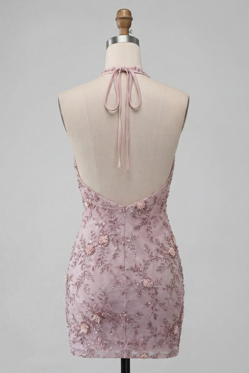 Load image into Gallery viewer, Floral Fog Sparkly Halter Tight Short Beaded Cocktail Dress