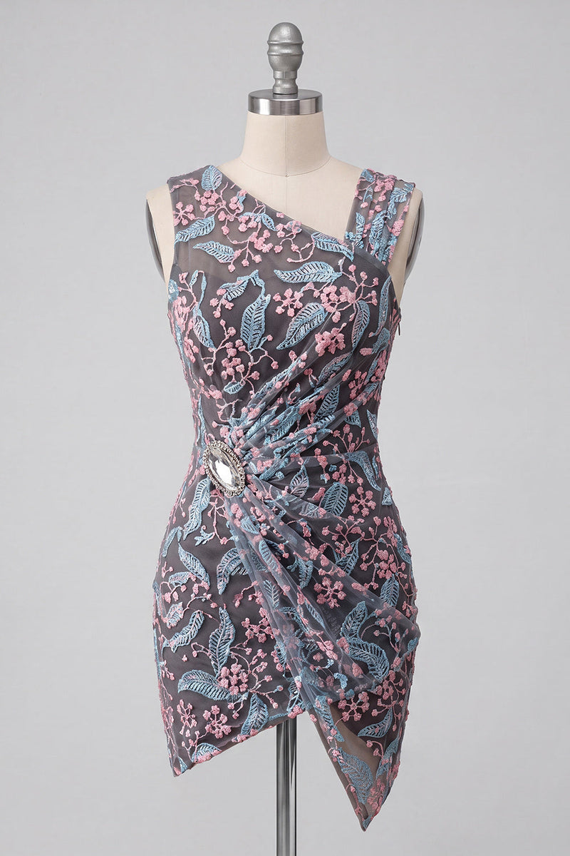 Load image into Gallery viewer, Floral Black Ruched Short Tight Cocktail Dress with Rhinestone