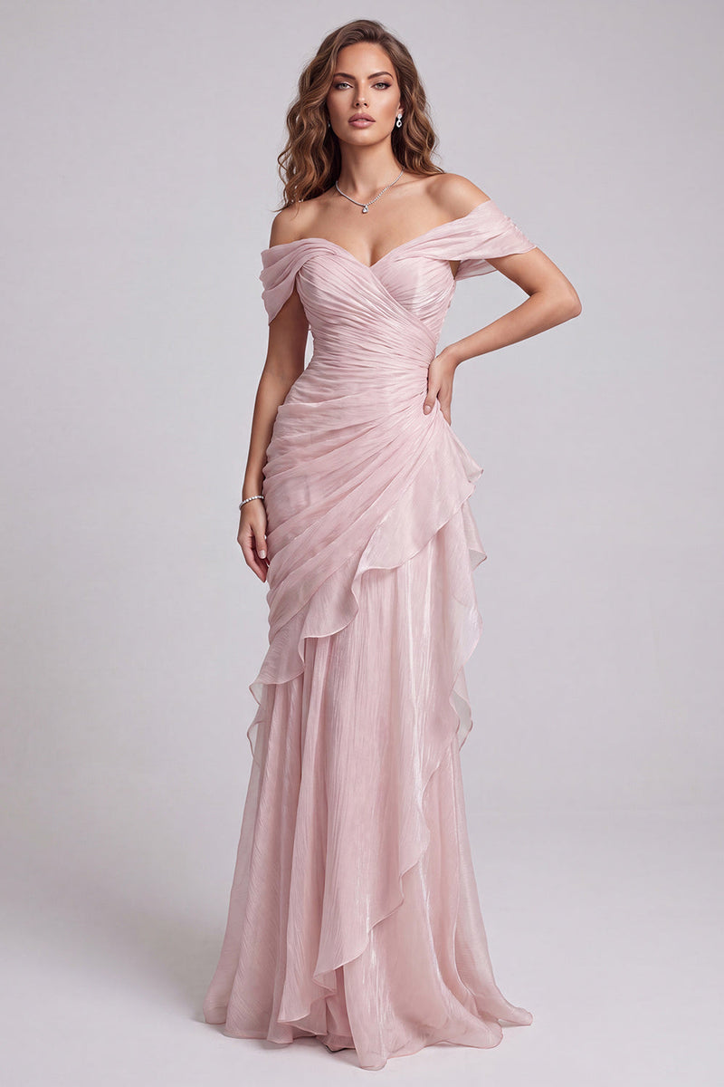 Load image into Gallery viewer, Pink Ruffled Ruched Off the Shoulder Mermaid Long Formal Dress