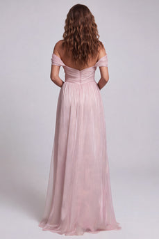 Pink Ruffled Ruched Off the Shoulder Mermaid Long Formal Dress