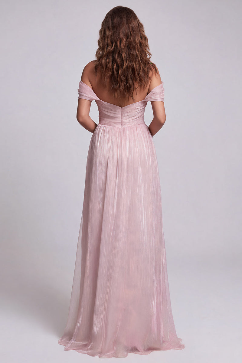 Load image into Gallery viewer, Pink Ruffled Ruched Off the Shoulder Mermaid Long Formal Dress