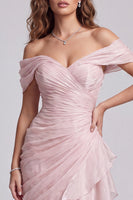 Load image into Gallery viewer, Pink Ruffled Ruched Off the Shoulder Mermaid Long Formal Dress