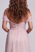 Load image into Gallery viewer, Pink Ruffled Ruched Off the Shoulder Mermaid Long Formal Dress