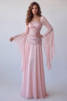 Load image into Gallery viewer, Floral A Line Pink Chiffon Corset Long Formal Dress with Sleeves