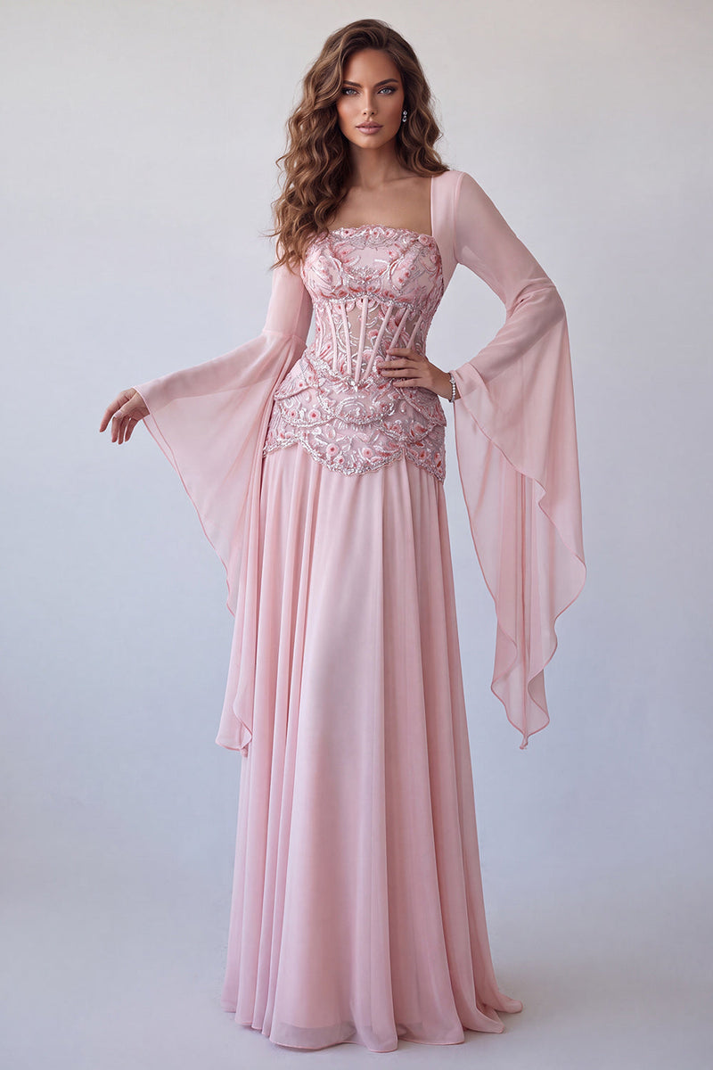 Load image into Gallery viewer, Floral A Line Pink Chiffon Corset Long Formal Dress with Sleeves