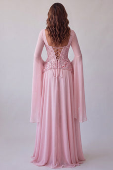 Floral A Line Pink Chiffon Corset Long Formal Dress with Sleeves