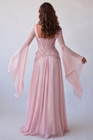 Load image into Gallery viewer, Floral A Line Pink Chiffon Corset Long Formal Dress with Sleeves