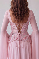 Load image into Gallery viewer, Floral A Line Pink Chiffon Corset Long Formal Dress with Sleeves