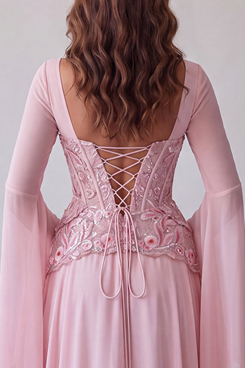 Load image into Gallery viewer, Floral A Line Pink Chiffon Corset Long Formal Dress with Sleeves