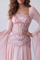 Load image into Gallery viewer, Floral A Line Pink Chiffon Corset Long Formal Dress with Sleeves
