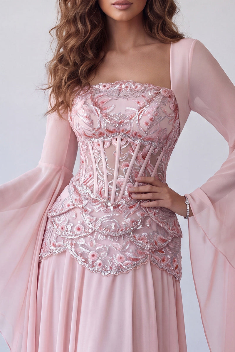 Load image into Gallery viewer, Floral A Line Pink Chiffon Corset Long Formal Dress with Sleeves