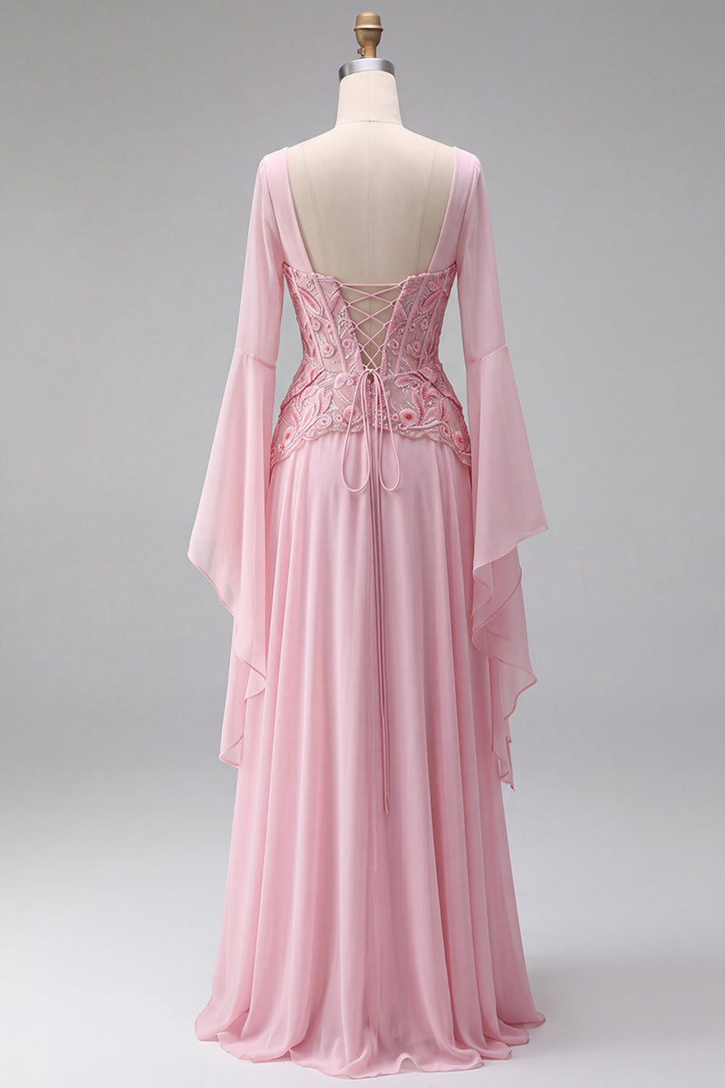 Load image into Gallery viewer, Floral A Line Pink Chiffon Corset Long Formal Dress with Sleeves