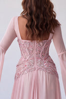Load image into Gallery viewer, Floral A Line Pink Chiffon Corset Long Formal Dress with Sleeves
