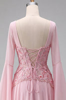 Load image into Gallery viewer, Floral A Line Pink Chiffon Corset Long Formal Dress with Sleeves