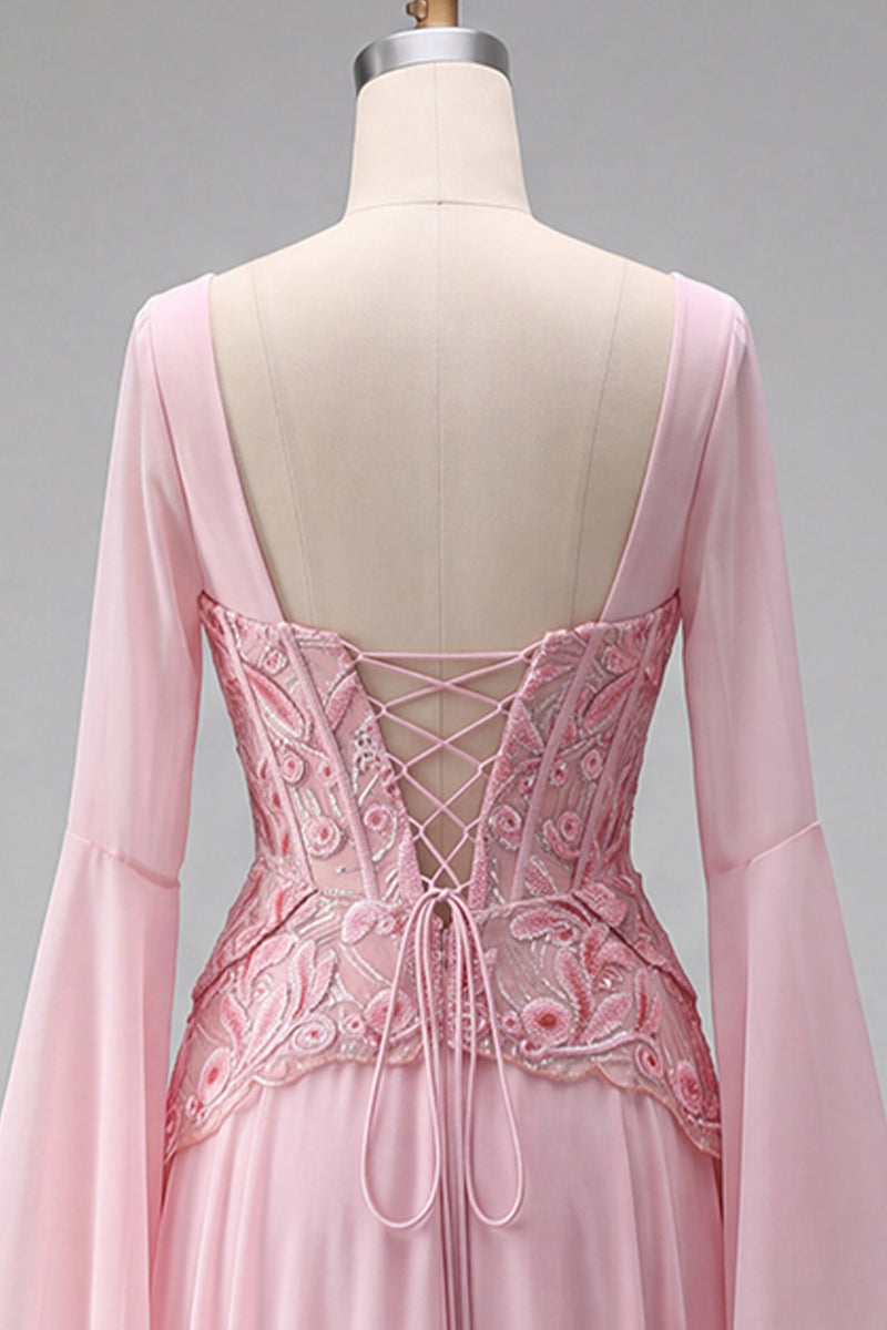 Load image into Gallery viewer, Floral A Line Pink Chiffon Corset Long Formal Dress with Sleeves