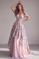 Load image into Gallery viewer, A Line Pink Off the Shoulder Corset Long Formal Dress with 3D Flowers