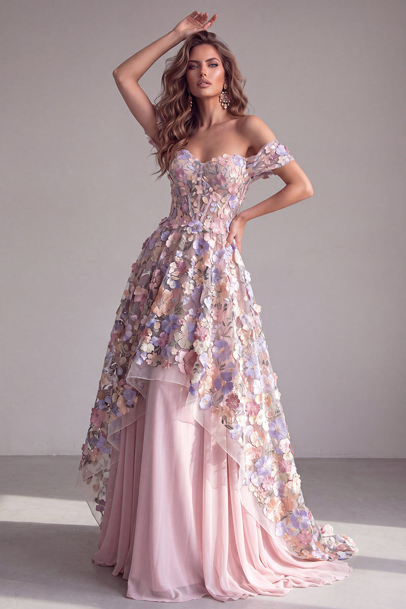 Load image into Gallery viewer, A Line Pink Off the Shoulder Corset Long Formal Dress with 3D Flowers
