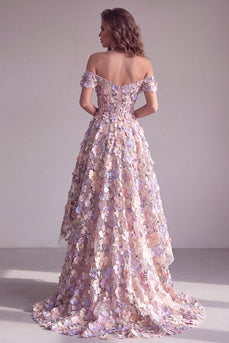 A Line Pink Off the Shoulder Corset Long Formal Dress with 3D Flowers