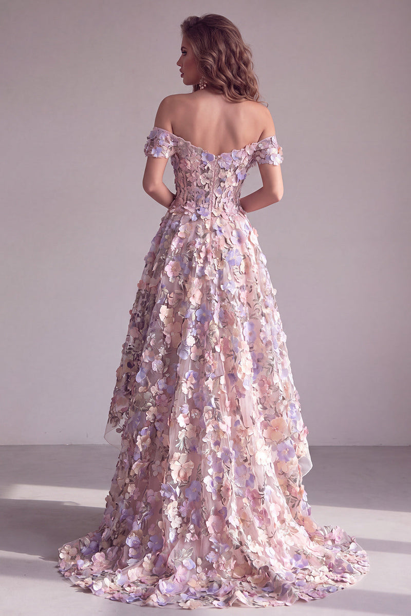 Load image into Gallery viewer, A Line Pink Off the Shoulder Corset Long Formal Dress with 3D Flowers