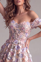 Load image into Gallery viewer, A Line Pink Off the Shoulder Corset Long Formal Dress with 3D Flowers