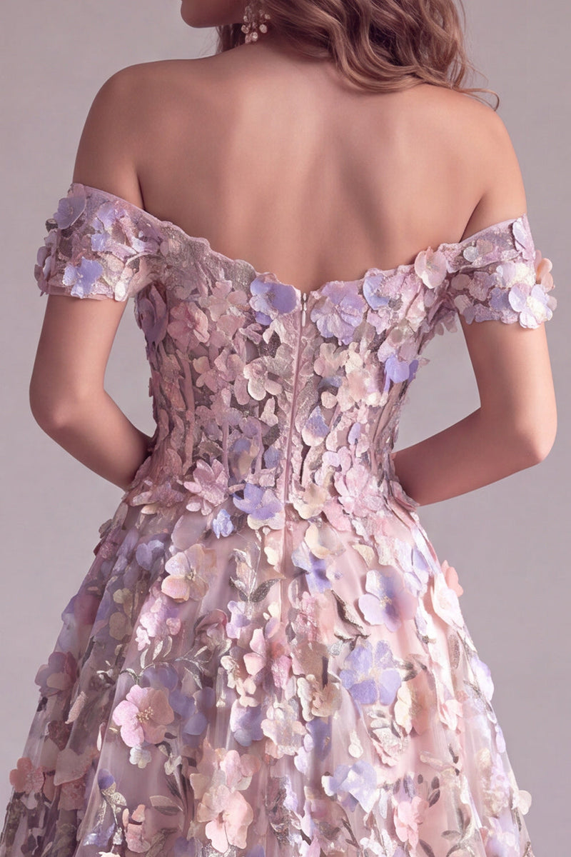 Load image into Gallery viewer, A Line Pink Off the Shoulder Corset Long Formal Dress with 3D Flowers