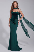 Load image into Gallery viewer, Sparkly Dark Green Velvet Corset Mermaid Strapless Long Formal Dress