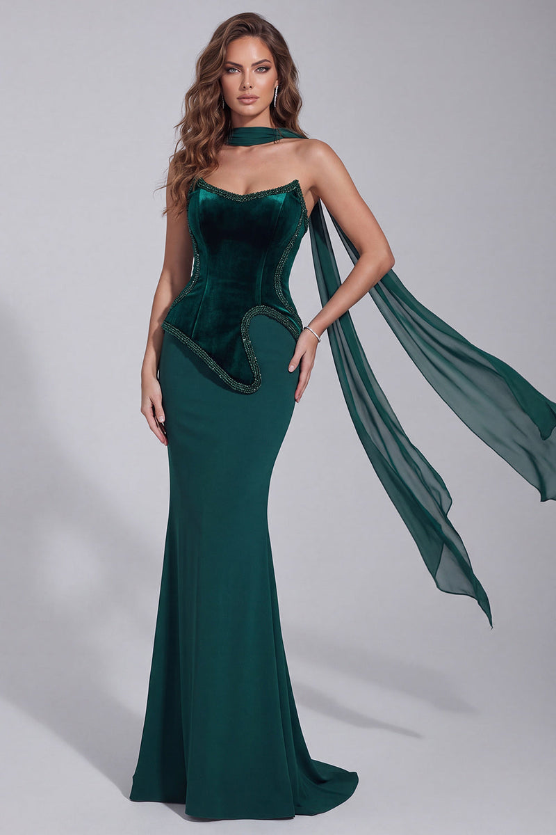 Load image into Gallery viewer, Sparkly Dark Green Velvet Corset Mermaid Strapless Long Formal Dress