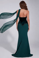 Load image into Gallery viewer, Sparkly Dark Green Velvet Corset Mermaid Strapless Long Formal Dress