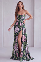 Load image into Gallery viewer, Dark Green Floral Printed Strapless Corset Long Formal Dress with Slit
